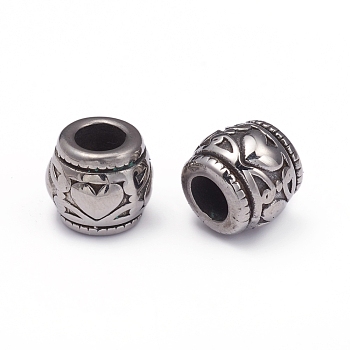 304 Stainless Steel European Beads, Large Hole Beads, Barrel with Heart, Antique Silver, 9.5x10.5mm, Hole: 5mm