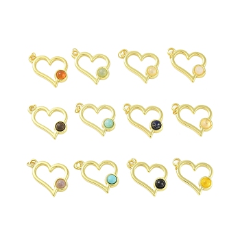 Natural & Synthetic Mixed Gemstone Pendants, 304 Stainless Steel Heart Charms with Jump Rings, Real 18K Gold Plated, 16x19x3mm, Hole: 2.5mm