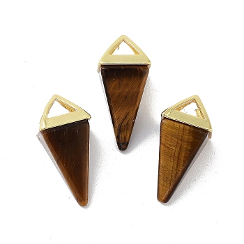 Natural Tiger Eye Pendants, Triangle Charms with Golden Plated Brass Findings, 18.5mm, Hole: 2x3mm
