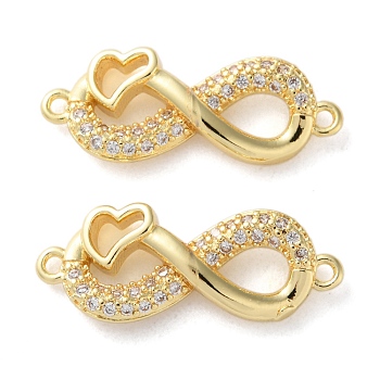 Rack Plating Brass Clear Cubic Zirconia Infinity Heart Connector Charms, Long-Lasting Plated, Lead Free & Cadmium Free, Real 18K Gold Plated, 9.5x24x3mm, Hole: 1.3mm