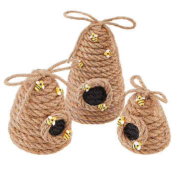 3Pcs 3 Styles Jute Cord Handmade Knitting Crochet Artificial Honeycomb, with Resin Bees, for Home Table Car Decor, Tan, 79~114x70~101x76~155mm, 1pc/style