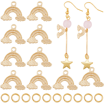 16Pcs Brass Rainbow Charms, with 16Pcs Open Jump Rings, Real 18K Gold Plated, 10.5x13.5x1mm, Hole: 1.5mm