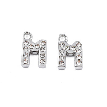 304 Stainless Steel Charms, with Crystal Rhinestone, Letter, Letter.M, 10.5x6.5x2mm, Hole: 1.2mm