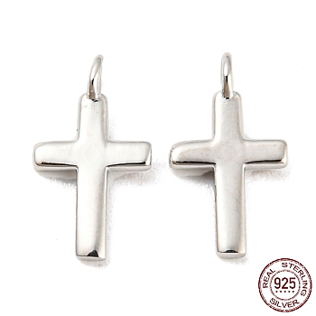 Rhodium Plated 925 Sterling Silver Charms, with Jump Rings, Cross, with S925 Stamp, Real Platinum Plated, 10x5.5x2mm, Hole: 1.2mm