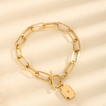 304 Stainless Steel Micro Pave Cubic Zirconia Charm Bracelets, Paperclip Chain Bracelets for Women, Rectangle with Star, Golden, 6-3/4 inch(17cm)