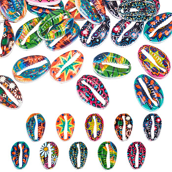 50Pcs 10 Styles Printed Alloy Connector Charms, Cowrie Shell Shaped Links, Mixed Patterns, Mixed Color, 16x11x3.5mm, 5pcs/color
