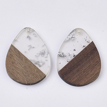 Transparent Resin & Walnut Wood Pendants, with Silver Foil, Waxed, Teardrop, Silver, 36x26.5x3.5mm, Hole: 2mm