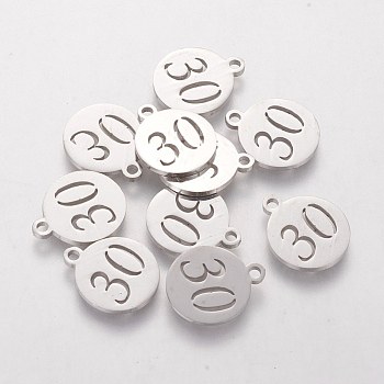 201 Stainless Steel Charms, Flat Round with Number 30, Stainless Steel Color, 14.1x11.8x1mm, Hole: 1mm