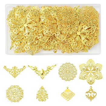 64Pcs 8 Styles Iron Filigree Joiners, Etched Metal Embellishments, Mixed Shapes, Golden, 26~59.5x24~56.5x0.5~3mm, Hole: 1.4~2.8mm, 8pcs/style
