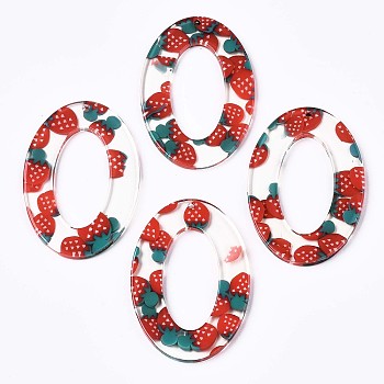 Transparent Clear Cellulose Acetate(Resin) Pendants, Printed, Oval Ring with Strawberry, Strawberry Pattern, 43.5x29.5x2.5mm, Hole: 1.4mm