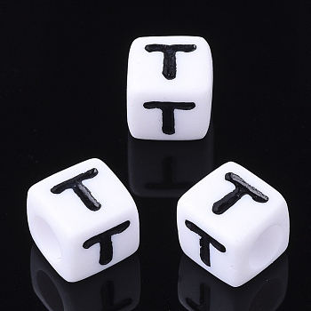 Acrylic Horizontal Hole Letter Beads, Cube, Letter T, White, Size: about 7mm wide, 7mm long, 7mm high, hole: 3.5mm, about 200pcs/50g