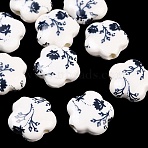Floral Printed Porcelain Beads, Flower Patterned Ceramic Beads, Flower, Marine Blue, 14x15x6mm, Hole: 3mm(X-PORC-Q166-1)