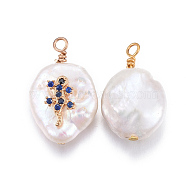 Natural Cultured Freshwater Pearl Pendants, with Brass Cubic Zirconia Findings, Nuggets with Gecko, Golden, Royal Blue, 17~26x11~16x5~11mm, Hole: 1.6~2mm(PEAR-E013-17E)