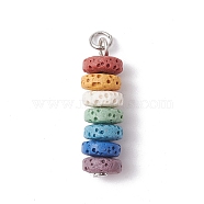 Natural Lava Rock Dyed Beaded Pendants, Chakra Disc Charms with 304 Stainless Steel Loops, Colorful, Stainless Steel Color, 27.5x8mm, Hole: 3.5mm(PALLOY-JF02536-02)
