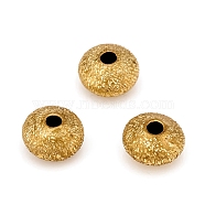 Brass Spacer Beads, Long-Lasting Plated, Textured, Flat Round, Golden, 6x3.5mm, Hole: 1.5mm(X-KK-D160-32G)