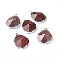 Natural Strawberry Quartz Pendants, with Brass Findings, Faceted, Drop, Silver, 31~35x20~25x7~9mm, Hole: 2.5mm(G-I207-14K-S)