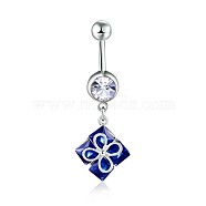 (Jewelry Parties Factory Sale), Piercing Jewelry, Eco-Friendly Brass Cubic Zirconia Navel Ring, Navel Ring Belly Rings, with 304 Stainless Steel Bar, Rhombus with Flower, Platinum, Blue, 43mm, Pin: 1.5mm(AJEW-EE0006-14B)