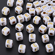 Opaque White Acrylic Beads, Metal Enlaced, Cube with Letters, Letter.E, 4.5mm, Hole: 2mm, about 5000pcs/500g(MACR-Q242-010E)