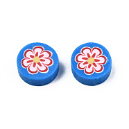 Handmade Polymer Clay Beads, Flat Round with Flower, Dodger Blue, 9~10x4~4.5mm, Hole: 1.2~1.8mm(CLAY-N011-56-02)