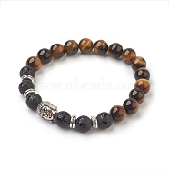 Natural Tiger Eye Beads and Natural Frosted Agate Beads Stretch Bracelets, with Tibetan Style Beads, Round, 2-1/8 inch(5.4cm), Bag: 12x8.5x3cm(BJEW-JB03848-04)