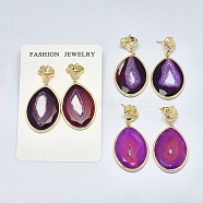 Natural Druzy Agate Dangle Stud Earrings, with Brass Findings, teardrop, Faceted, Dyed & Heated, Golden, Purple, 50.5~52mm, Pin: 0.7mm(EJEW-L228-02A-G)