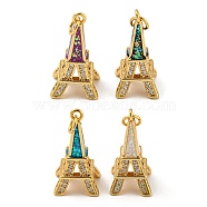 Brass Micro Pave Cubic Zirconia with Synthetic Opal Pendants, Jump Rings, Real 18K Gold Plated, Eiffel Tower, Mixed Color, 23x12x11mm, Hole: 3.5mm(KK-K356-18G)