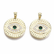 Brass Micro Pave Clear & Green Cubic Zirconia Pendants, Nickel Free, Flat Round with Eye, Real 18K Gold Plated, 21.5x17x2mm, Hole: 2x3mm(KK-S356-221G-NF)