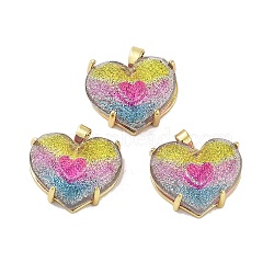 Transparent Resin Glitter Powder Pendants, Rack Plating Brass Heart Charms, Real 18K Gold Plateds, Long-Lasting Plated, Cadmium Free & Lead Free, Colorful, 16.5x20x9mm, Hole: 2.5x4mm(KK-G482-12G)