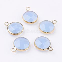 Golden Tone Brass Glass Flat Round Charms, Faceted, Cornflower Blue, 12x8.5x3mm, Hole: 1.5mm(GLAA-M003-A-18G)