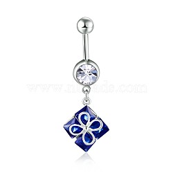 Piercing Jewelry, Eco-Friendly Brass Cubic Zirconia Navel Ring, Belly Rings, Rhombus with Flower, Platinum, Blue, 43mm, Pin: 1.5mm(AJEW-EE0006-14B)