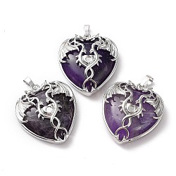 Natural Amethyst Heart Pendant Rhinestone Settings, Rack Plating Platinum Plated Brass Wings Charms, Long-Lasting Plated, Fit for 3mm Rhinestone, 37x33x10~11.5mm, Hole: 8x5mm(G-K339-01P-01)