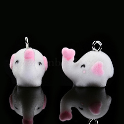 Opaque Resin Pendants, with Platinum Tone Iron Loops, Flocky Elephant Charm, White, 19x15x21mm, Hole: 2.5mm(RESI-G047-27)