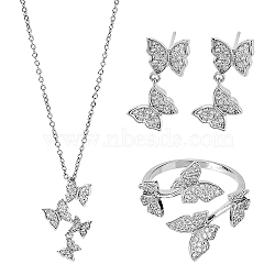 FIBLOOM Brass Jewelry Sets, Crystal Rhinestone Butterfly Pendant Necklaces & Dangle Stud Earrings & Open Cuff Rings, Platinum, 21x10mm, 18.11 inch(460mm), Inner Diameter: 19.4mm(SJEW-FI0001-20)