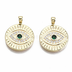 Brass Micro Pave Clear & Green Cubic Zirconia Pendants, Nickel Free, Flat Round with Eye, Real 18K Gold Plated, 21.5x17x2mm, Hole: 2x3mm(KK-S356-221G-NF)