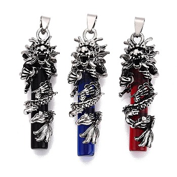Alloy Glass Big Pendants, Chinese Dragon Wrap Column Charms, Antique Silver, Mixed Color, 53~60x18~19x19.5~20.5mm, Hole: 8x4.5mm