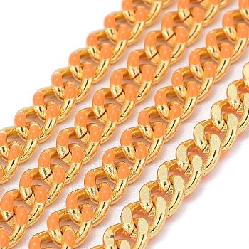 Two Tone Handmade Brass Curb Chains, with Enamel, Unwelded, Long-Lasting Plated, Real 18K Gold Plated, Orange, 6x5x1.2mm
