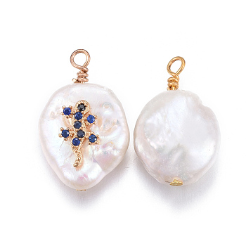 Natural Cultured Freshwater Pearl Pendants, with Brass Cubic Zirconia Findings, Nuggets with Gecko, Golden, Royal Blue, 17~26x11~16x5~11mm, Hole: 1.6~2mm