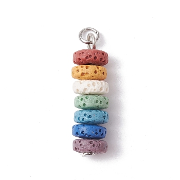 Natural Lava Rock Dyed Beaded Pendants, Chakra Disc Charms with 304 Stainless Steel Loops, Colorful, Stainless Steel Color, 27.5x8mm, Hole: 3.5mm