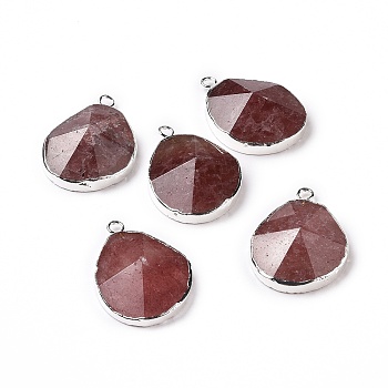 Natural Strawberry Quartz Pendants, with Brass Findings, Faceted, Drop, Silver, 31~35x20~25x7~9mm, Hole: 2.5mm