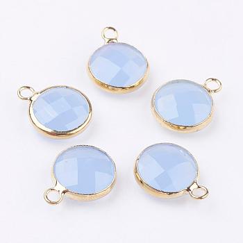 Golden Tone Brass Glass Flat Round Charms, Faceted, Cornflower Blue, 12x8.5x3mm, Hole: 1.5mm