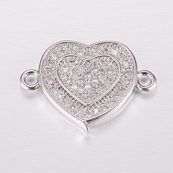 Brass Micro Pave Cubic Zirconia Links, Clear, Heart, Platinum, 12.5x17x2mm, Hole: 1mm