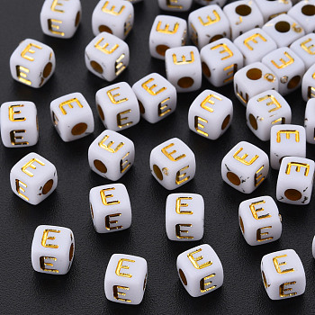 Opaque White Acrylic Beads, Metal Enlaced, Cube with Letters, Letter.E, 4.5mm, Hole: 2mm, about 5000pcs/500g