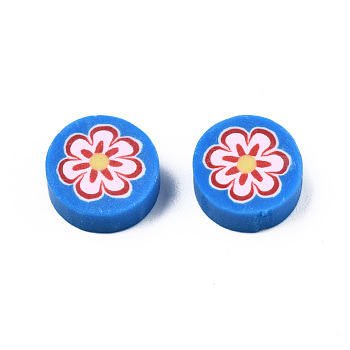 Handmade Polymer Clay Beads, Flat Round with Flower, Dodger Blue, 9~10x4~4.5mm, Hole: 1.2~1.8mm