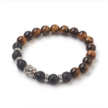 Natural Tiger Eye Beads and Natural Frosted Agate Beads Stretch Bracelets, with Tibetan Style Beads, Round, 2-1/8 inch(5.4cm), Bag: 12x8.5x3cm