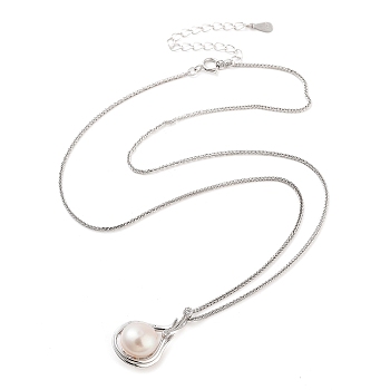 925 Sterling Silver Necklaces, Pearl and Cubic Zirconia, Round, Platinum, 15.55 inch(39.5cm)