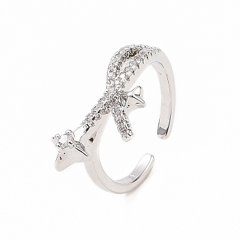 Clear Cubic Zirconia Asterism Open Cuff Ring, Brass Jewelry for Women, Platinum, Inner Diameter: 16mm