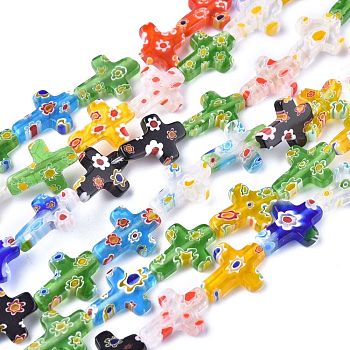 Cross Handmade Millefiori Glass Beads Strands, Mixed Color, 17x14x3mm, Hole: 1.5mm, about 21pcs/strand, 14.1 inch