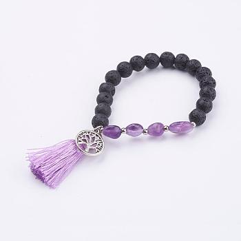 Tassel Charm Bracelets, with Alloy Findings, Natural Lava Rock and Amethyst Beads, Round & Nuggets & Ring with Tree of Life, 2-1/8 inch(55mm)