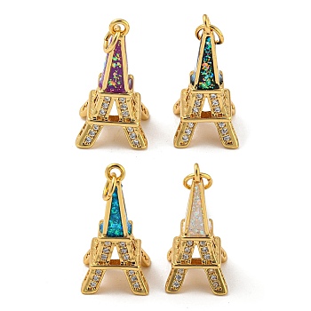 Brass Micro Pave Cubic Zirconia with Synthetic Opal Pendants, Jump Rings, Real 18K Gold Plated, Eiffel Tower, Mixed Color, 23x12x11mm, Hole: 3.5mm