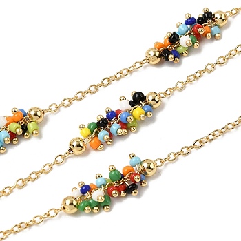 Handmade Glass Seed Beaded Cluster Chains, with Real 18K Gold Plated Brass Chain, Soldered, Colorful, 20x8x3.8mm